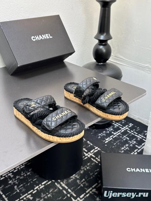 2025 Slippers Chanel Black Leather Cork Sole Sandal LY00250