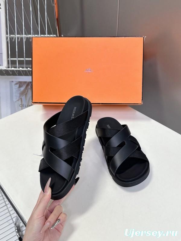 2025 Slippers Hermès Black Leather Slippers