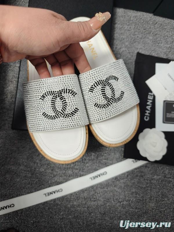 2025 CHANEL Silver Crystal Leather Slippers