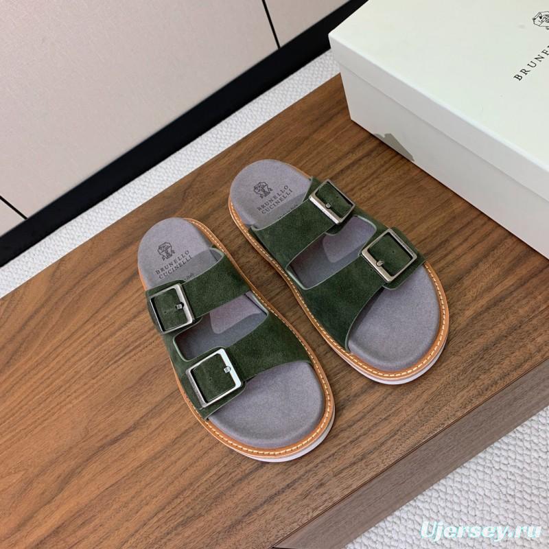 2025 Unisex Brunello Cucinelli Green Suede Leather Slippers KFY00250