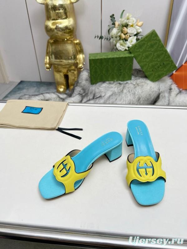 2025 Gucci Blue Yellow Leather Slippers