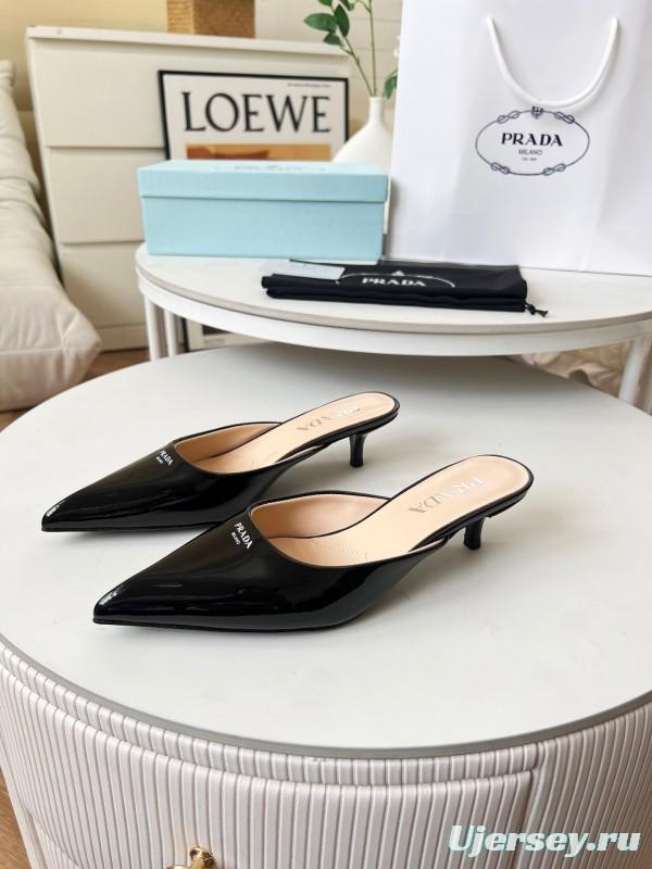 2025 Women Prada Black Patent Leather Heeled Slippers LY