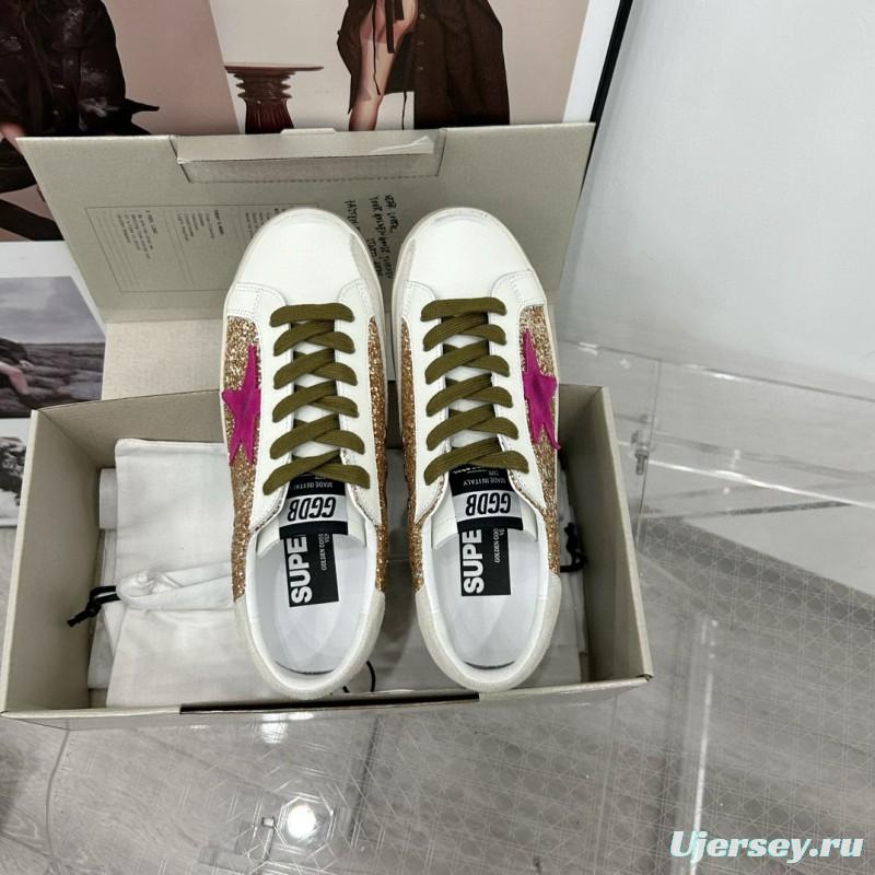2025 Women GGDB White Gold Pink Glitter Leather Sneakers