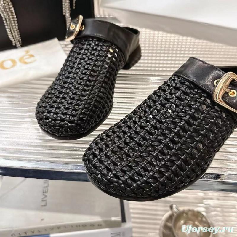 2025 Women Chloé Black Leather Woven Slippers