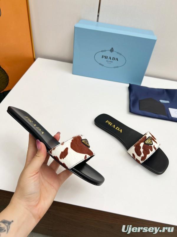 2025 Women Prada Brown White Calf Hair Leather Slippers LY00220