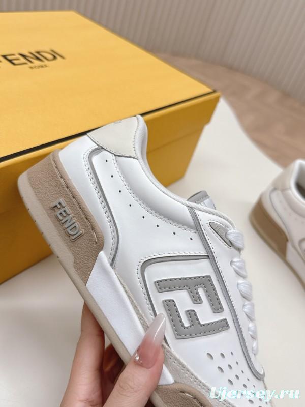 2025 Unisex Fendi White Beige Leather Plimsolls FF Logo LY00350(F)/LY00360(M)