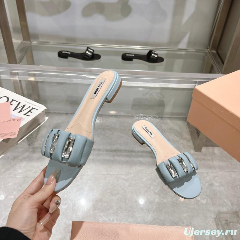 2025 Women Miu Miu Light Blue Leather Slippers