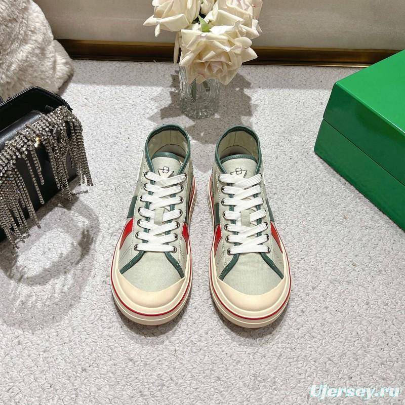 2025 Unisex Bottega Veneta Green Red Canvas Leather Sneakers Hand Painted LY00