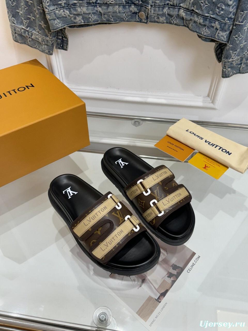 2025 Slippers Louis Vuitton Brown Canvas Leather Slippers LY