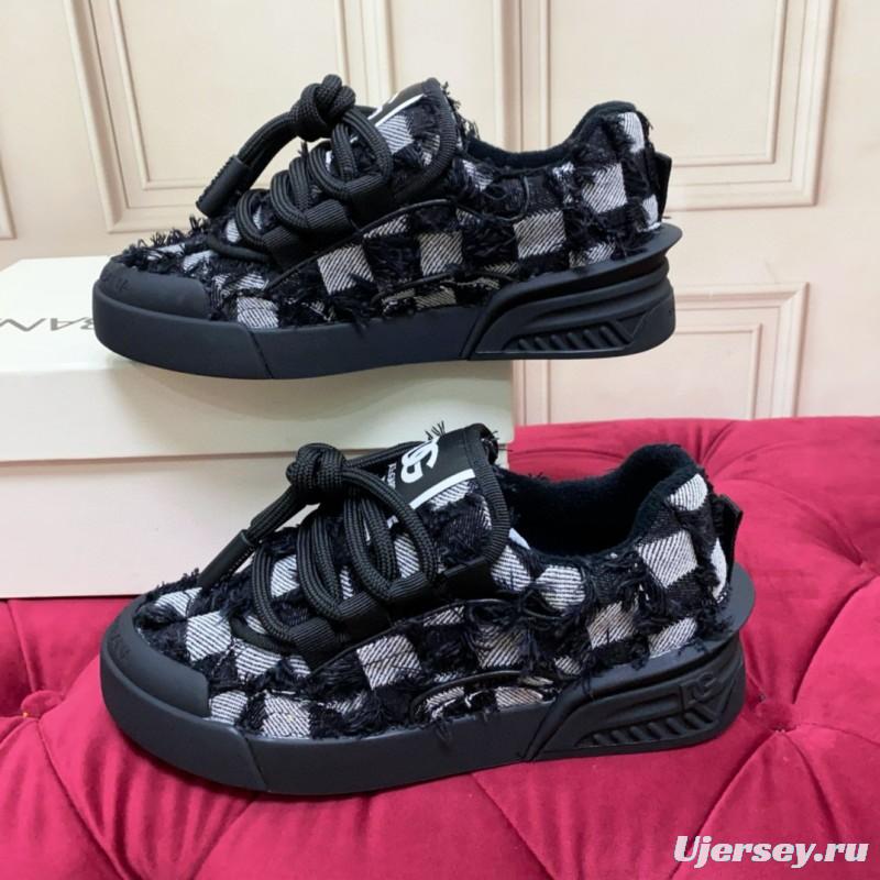2024 Unisex Dolce & Gabbana Black White Wool Leather Sneakers MJ00340