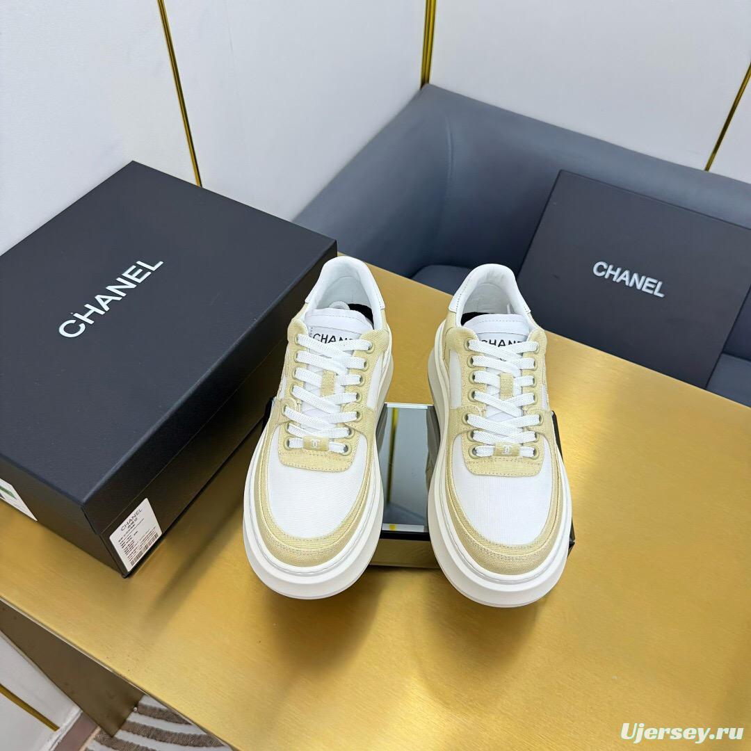 2025 Women Chanel Beige White Canvas Leather Sneakers