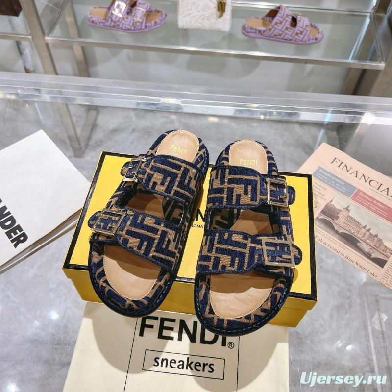 2025 Slippers Fendi Blue Brown Jacquard FF Pattern MJ00230