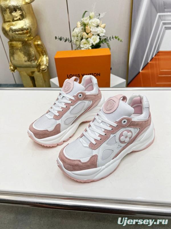 2025 Women Louis Vuitton White Pink Suede Mesh Sneakers LY00340