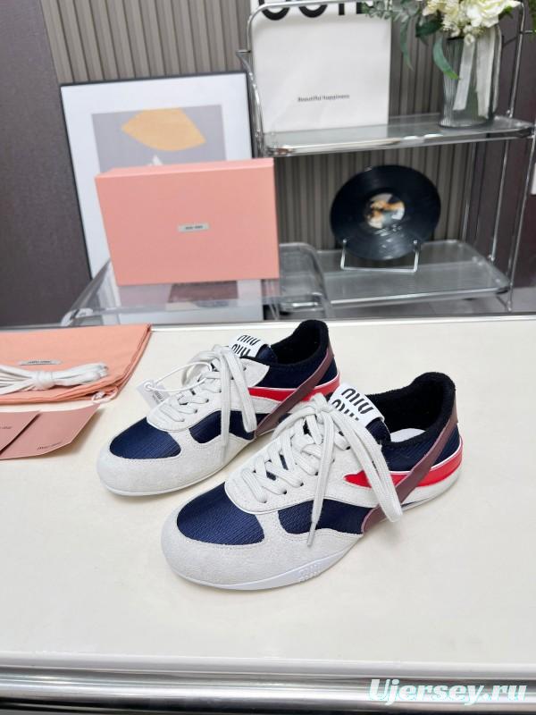 2025 Women Miu Miu Navy White Red Suede Fabric Sneakers LY00