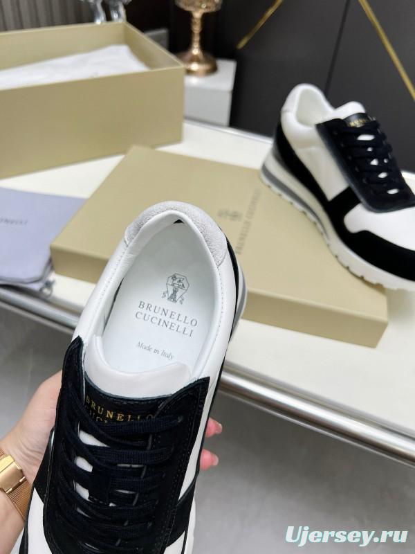 2024 Unisex Brunello Cucinelli Black White Suede Calfskin Leather Sneakers MJ00360