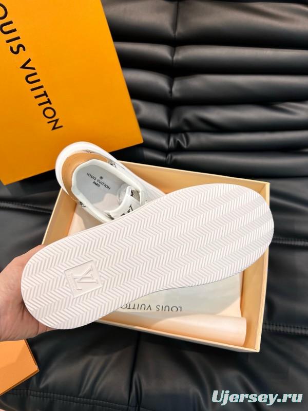 2024 Unisex Louis Vuitton White Brown Mesh Leather Sneakers MJ00400