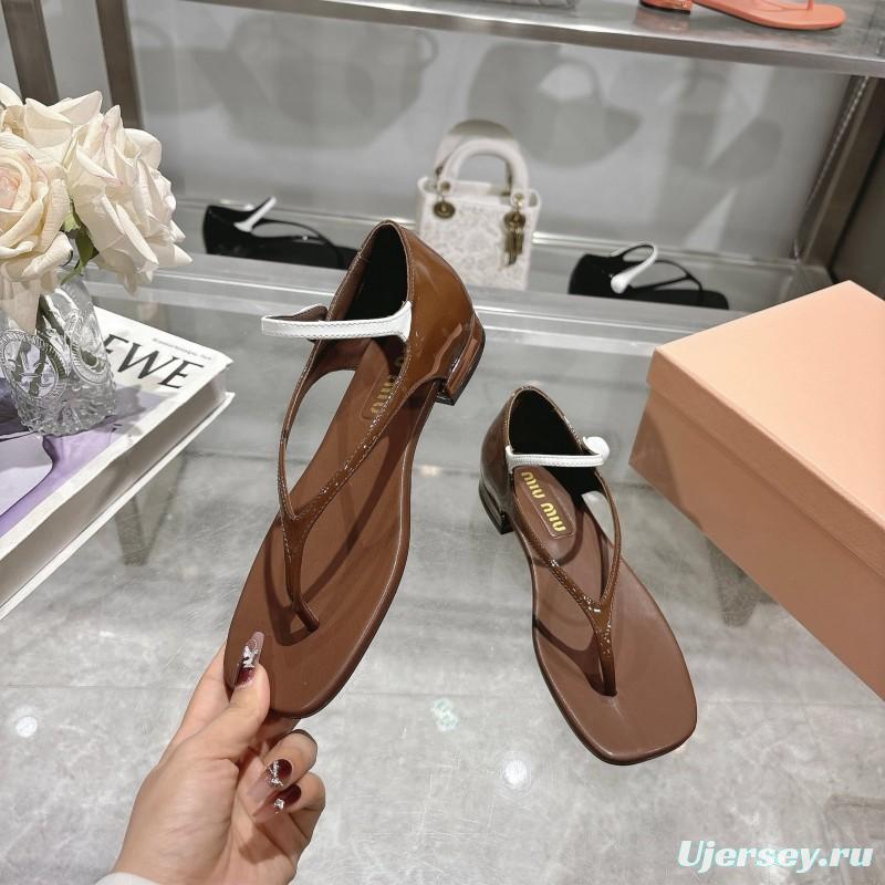 2025 Women Miu Miu Brown Leather T-Strap Flat Sandals KFY00289(F)