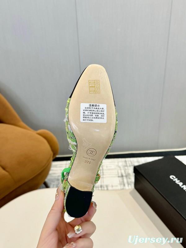 2025 Women Chanel Green Black Fabric Leather Slingback Shoes