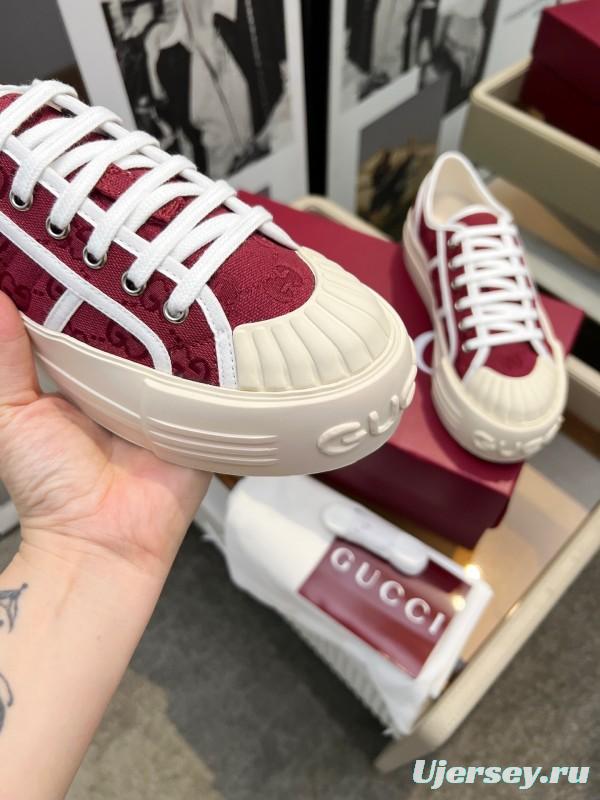 2025 Women Gucci Burgundy Canvas Rubber Sole Thick Platform Sneakers Handcrafted LY00270