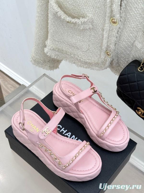 2025 Women Chanel Pink Lambskin Platform Sandals Chain Decoration