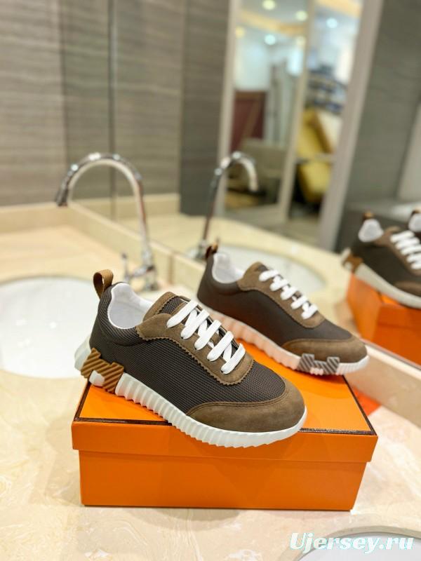 2024 Unisex Hermès Brown Khaki Mesh Suede Sneakers