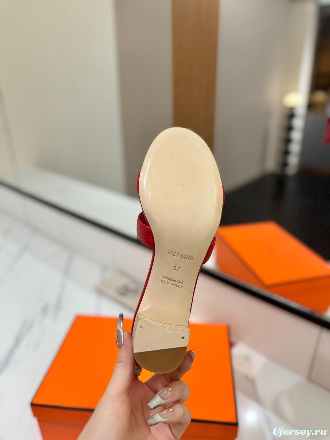 2025 Women Hermès Red Leather Slides