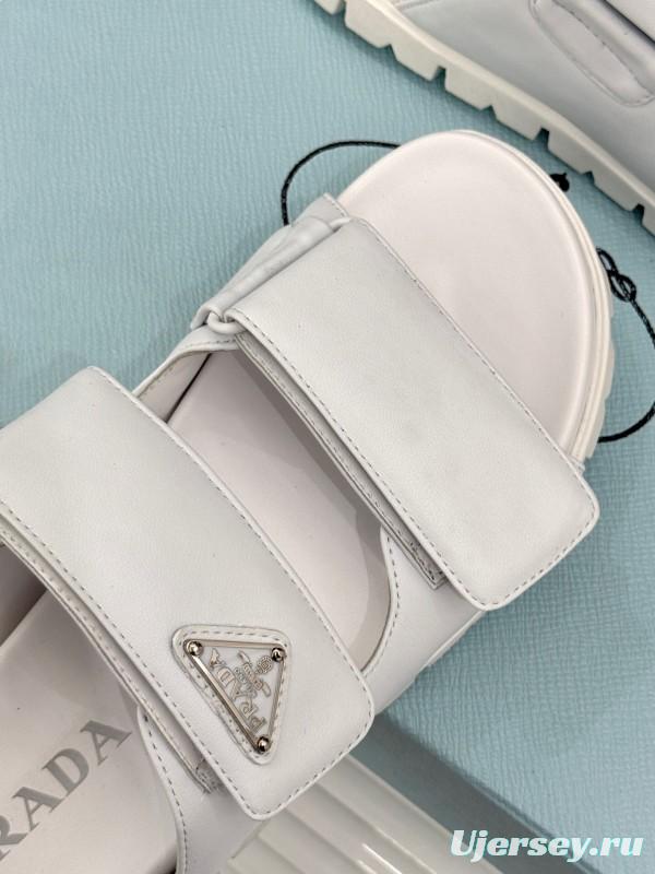 2025 Women Prada White Leather Slippers KFY00240
