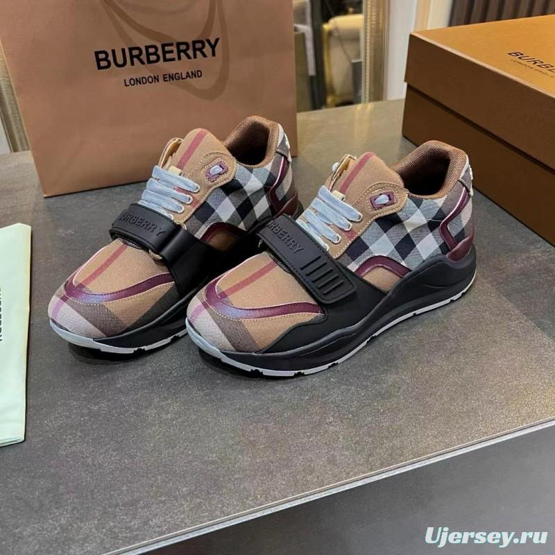 2025 Unisex Burberry Beige Black White Cotton Calfskin Suede Sneakers Vintage Pattern MJ00360(F)