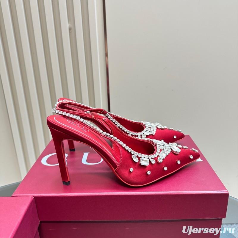 2025 Women Gucci Red Silk Rhinestone Embellished Heels KFY00340
