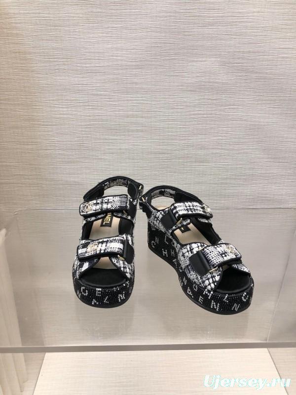2025 Women Chanel Black White Fabric Platform Sandals LY00330