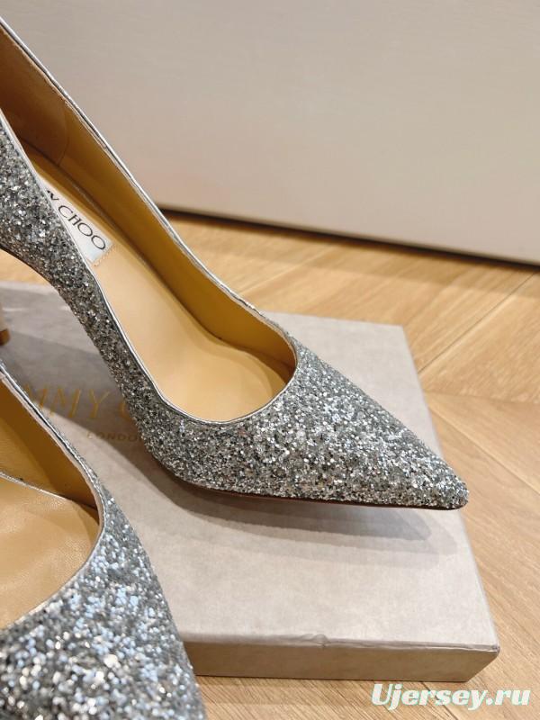 2025 Women Jimmy Choo Silver Glitter Leather Pointed Toe Pumps