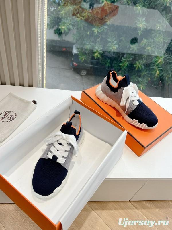 2024 Unisex Hermès blue grey orange knit leather sneakers