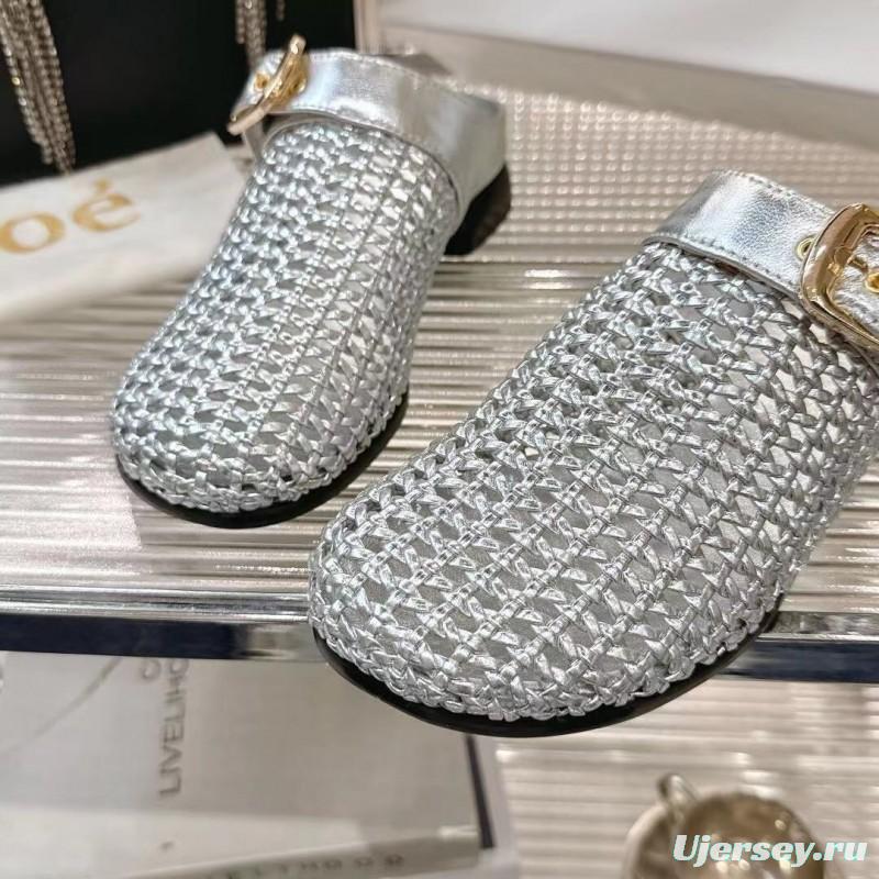 2025 Women Chloé Silver Leather Woven Slippers