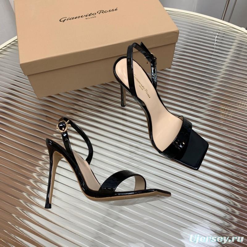 2025 Women Gianvito Rossi Black Patent Leather Slingback Sandals