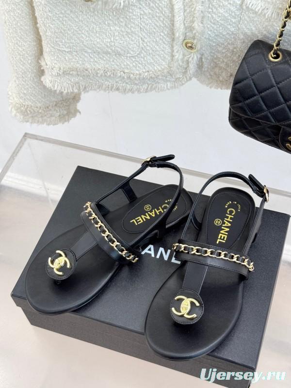 2025 Women Chanel Black Leather Sandals KFY00250