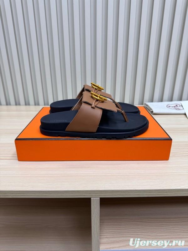 2025 Slippers Hermès Brown Black Leather Slippers