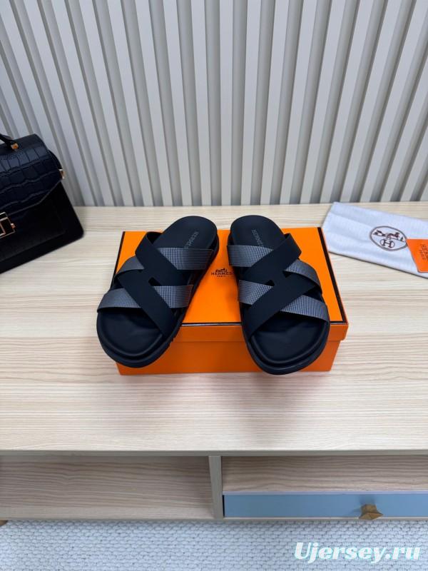 2025 Unisex Hermès Black Grey Leather Slippers