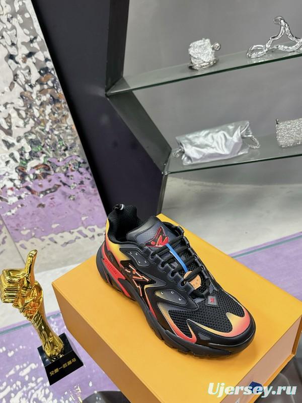 2025 Men Louis Vuitton Black Yellow Orange Mesh Leather Sneakers MJ00420