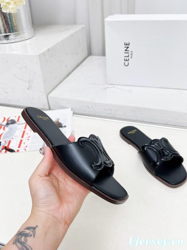 2025 Women Celine Black Leather Slippers LY00190