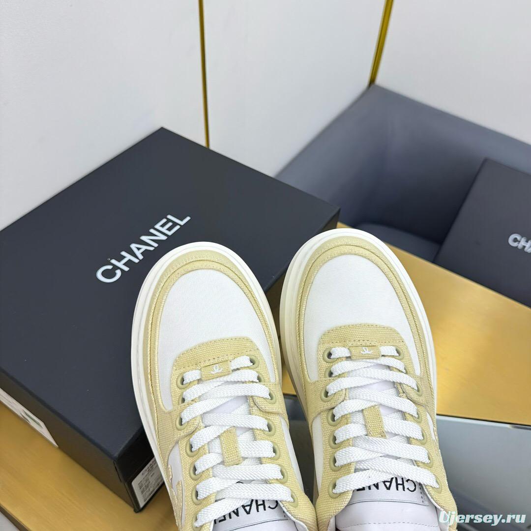 2025 Women Chanel Beige White Canvas Leather Sneakers
