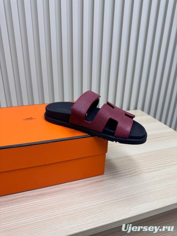 2025 Slippers Hermès Burgundy Black Leather Slide KFY00260