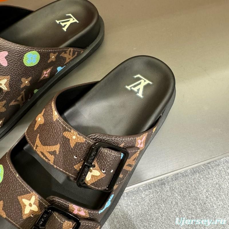 2024 Men Louis Vuitton Brown Black Rubber Leather Sandals Oblique MJ00210