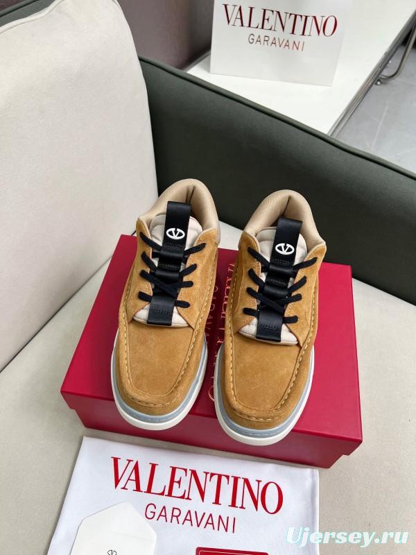 2025 Unisex Valentino Brown Beige Leather Suede Sneakers LY00390