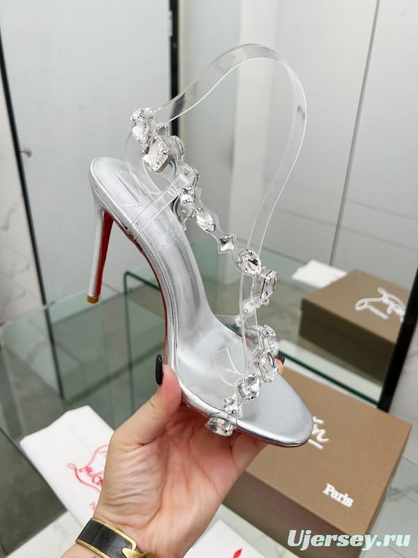 2025 Women Christian Louboutin Silver PVC Crystal High Heel Sandals LY00300
