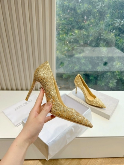 2025 Women Jimmy Choo Gold Crystal Leather Heels KFY00280