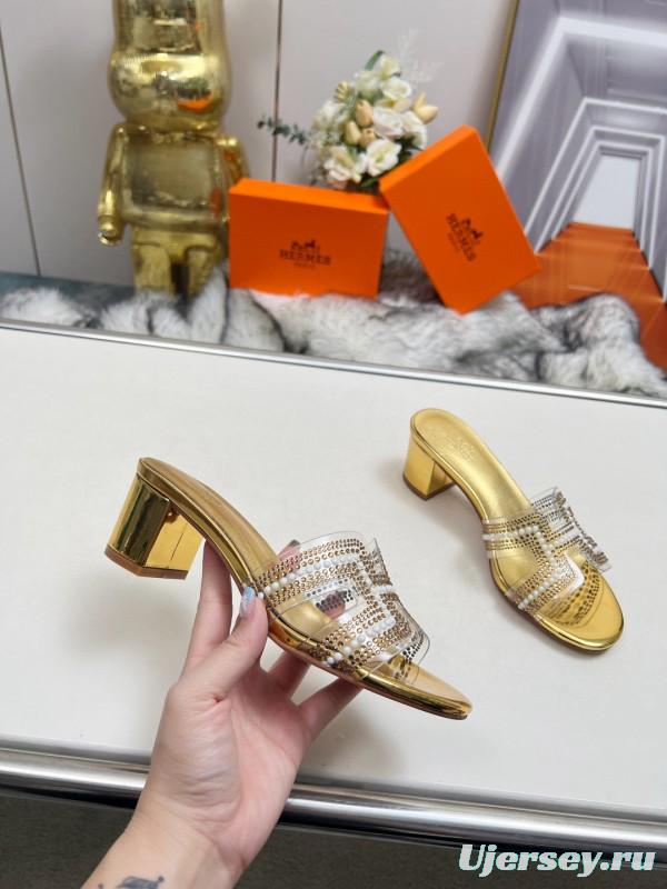 2025 Hermès Gold Leather Slippers MJ00180