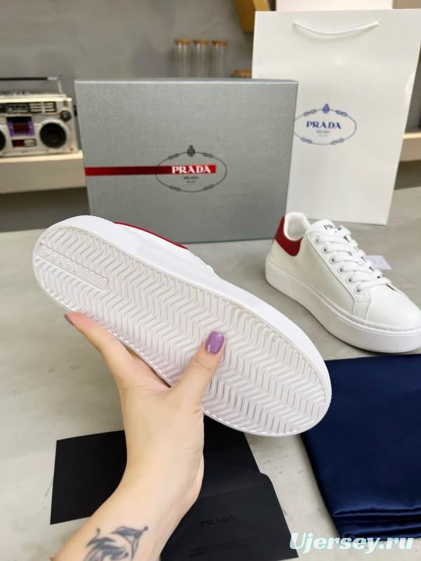 2024 Unisex Prada White Red Calfskin Silk Thick Sole Sneakers MJ00310
