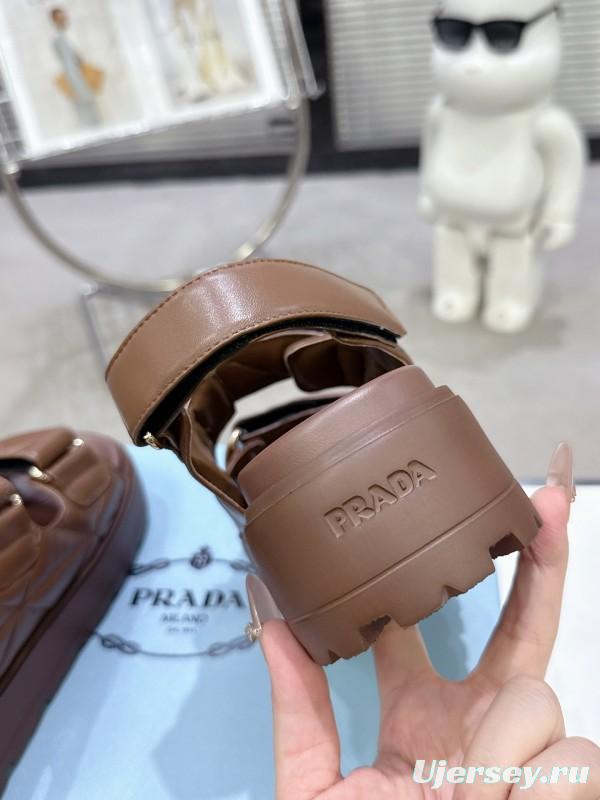 2025 Women Prada Brown Leather Sandals