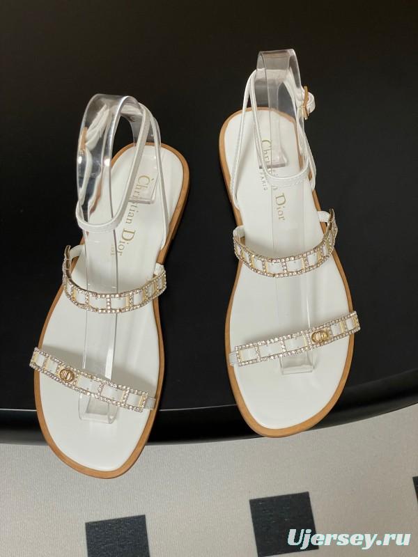 2025 Women Dior White Leather Flat Sandals Crystal Embellishment