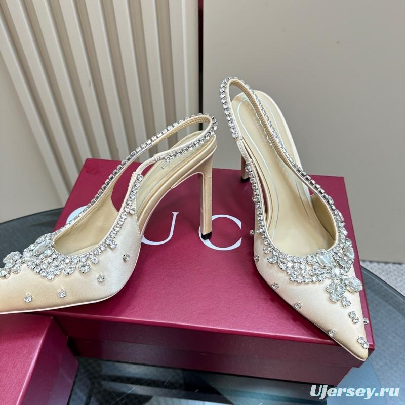 2025 Women Gucci Beige Silk Crystal Embellished Slingback Heels KFY00340